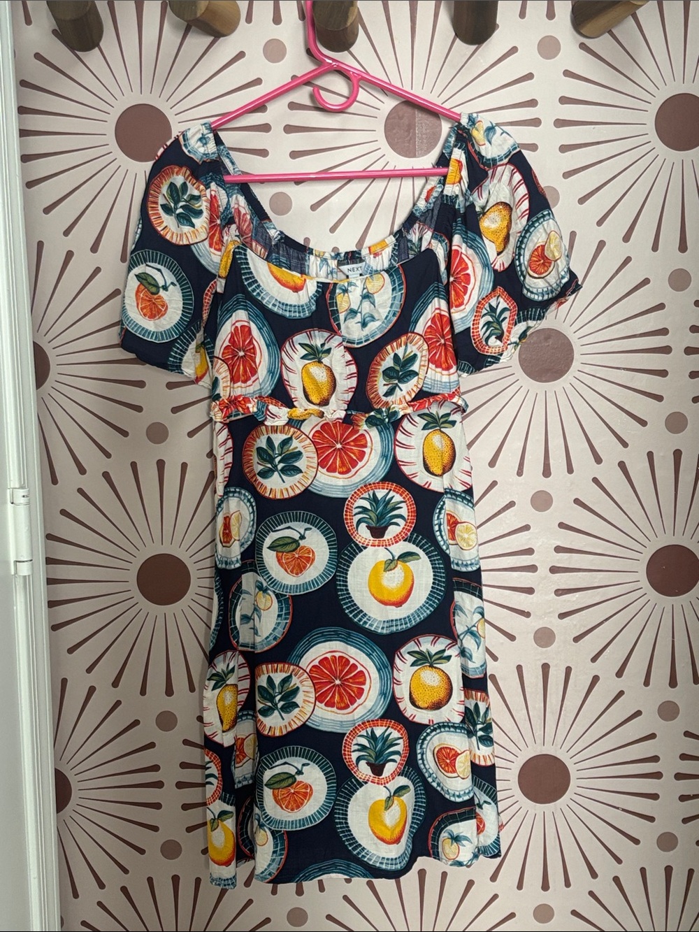 Next Navy Fruit-Print Off-Shoulder Dress - 8